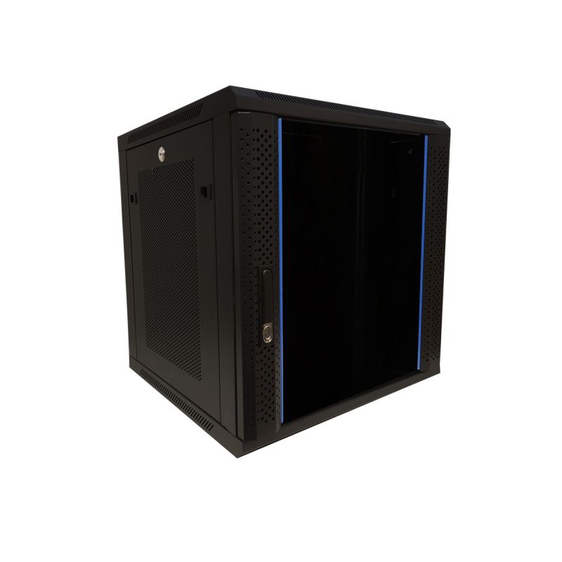 12U vægskab med glaslåge - perforerede sidepaneler 600x600x635mm (BxDxH)